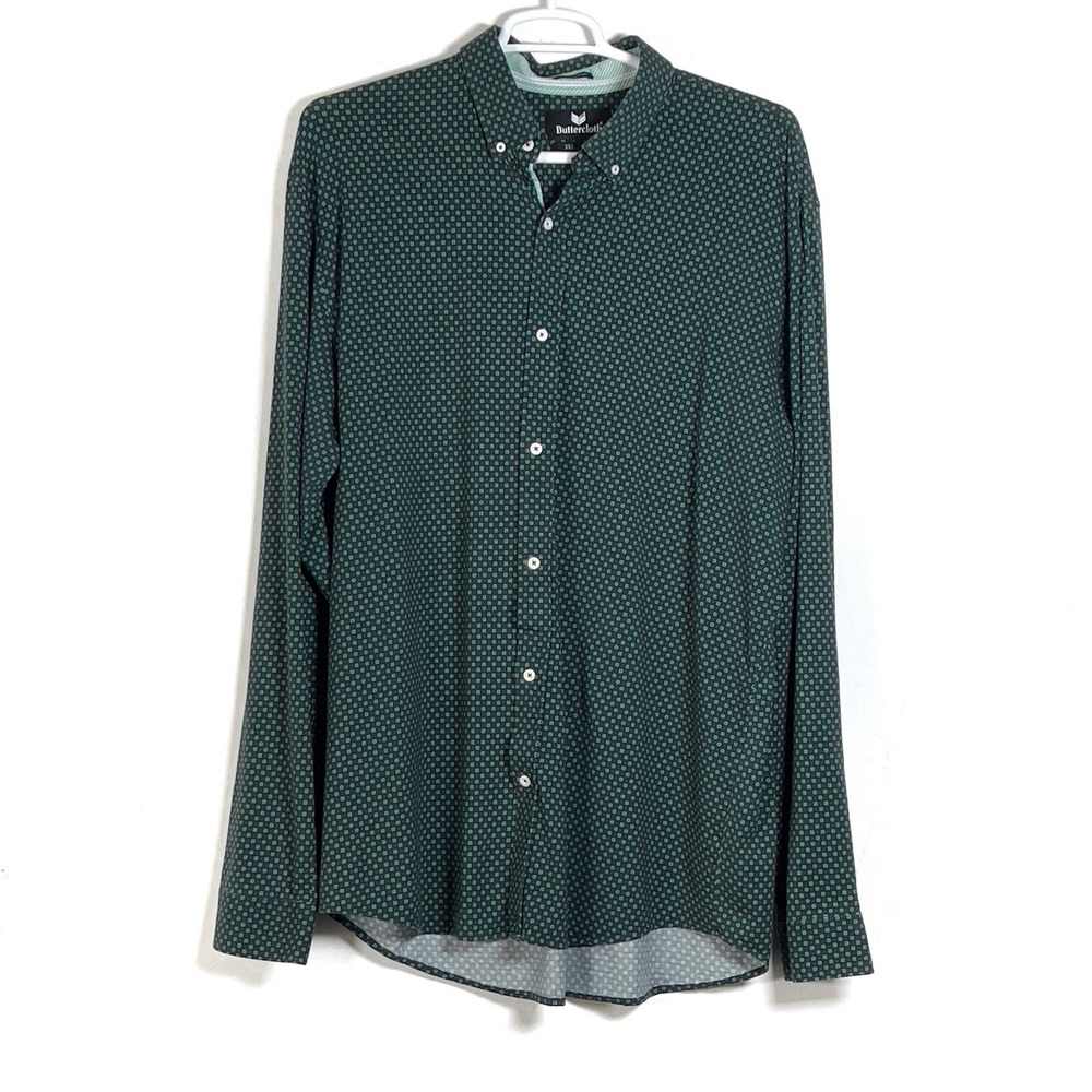 Buttercloth Button Down Shirt Mens 3XL Tall Green‎ Geo Print Icy Cotton